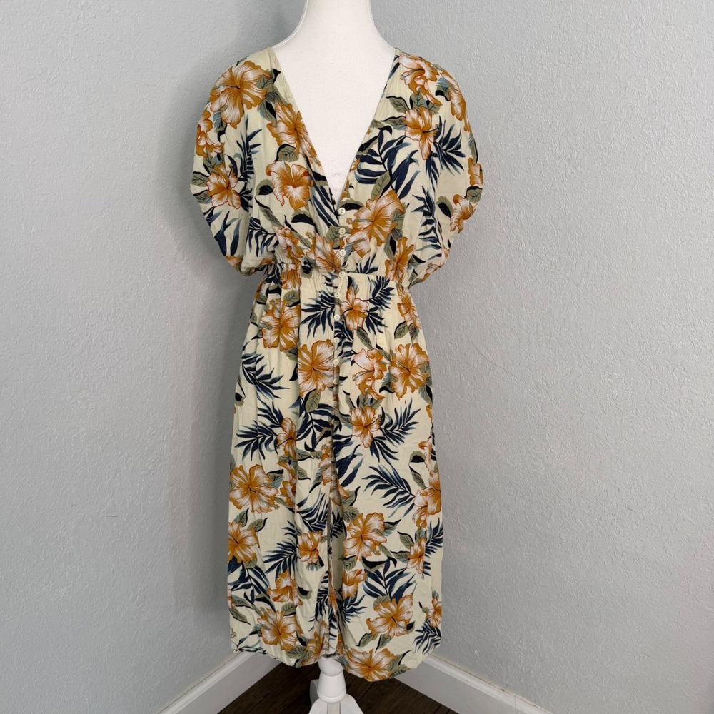 Label of Love Floral Hibiscus Button Front Midi Dress Cream Orange Medium